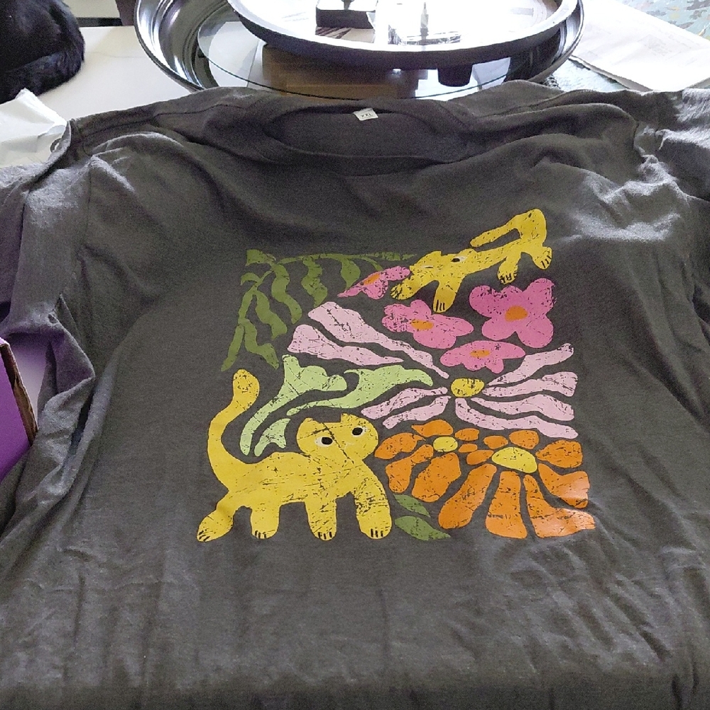 Gray Graphic Tee with Colorful Floral & Cat Print